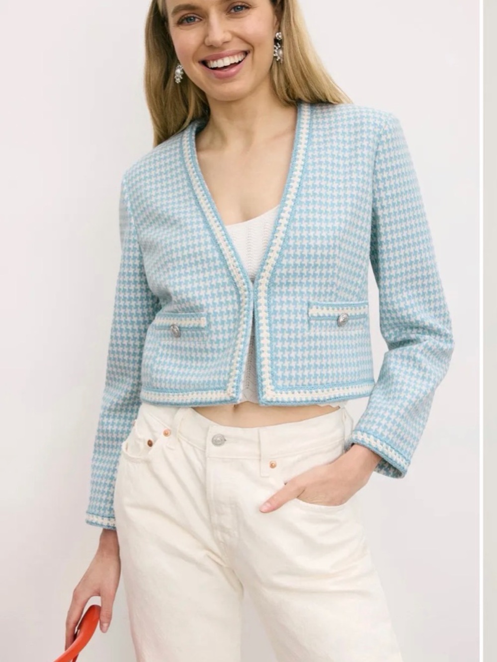 Derek Lam Light Blue & White Houndstooth Cropped Jacket